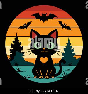 Schwarzes Vintage-Katzendesign mit einem Retro-Sonnenuntergang und Fledermäusen. Perfekt für Halloween Dekor, T-Shirts und gruselige Projekte. Eine stilvolle und einzigartige Urlaubskunst. Stock Vektor