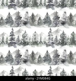 Aquarell handgezeichnet schneebedeckte Waldbäume nahtloses Muster, graues Papier mit Querformat Stockfoto
