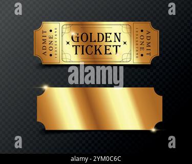 Goldenes Ticket-Design und leere Ticket-Vorlage auf dunklem Hintergrund. Geeignet für Festival, Kino, Theater, Konzert, Casino, Zirkus, Eintrittskarten für Veranstaltungen Stock Vektor