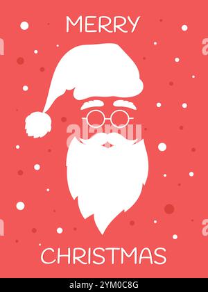 Frohe Weihnachtsgrußkarte mit Santa Claus Hut, Bart, Schnurrbart Brille Silhouette auf rotem Hintergrund. Vektorabbildung Stock Vektor