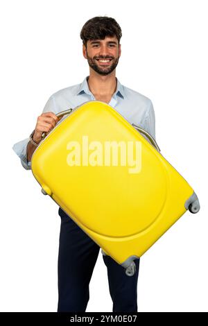 Studio-Aufnahme eines lächelnden Geschäftsmannes, der einen gelben Koffer hält, bereit für eine Geschäftsreise Stockfoto