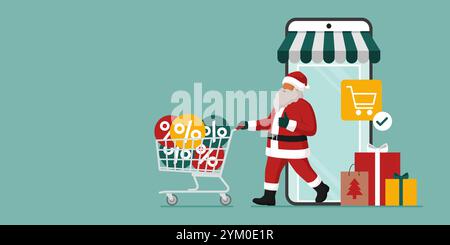 Weihnachtsmann, der zu Weihnachten online shoppt, geht mit einer mobilen App auf dem Smartphone aus einem virtuellen Geschäft und schiebt einen vollen Warenkorb, s Stock Vektor