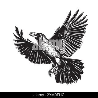 Raven fliegende Silhouette, handgezeichnete Zeichnung Stock Vektor