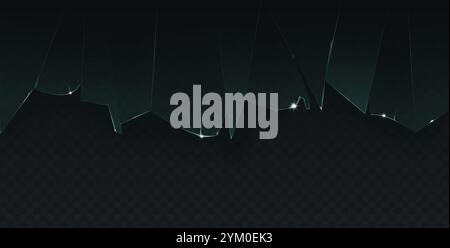 Zerbrochenes, nahtloses Glas. Die rissige, realistische Glasstruktur wurde horizontal auf einem dunklen Hintergrund mit einem Schatten abgebrochen. Vektorabbildung. Stock Vektor