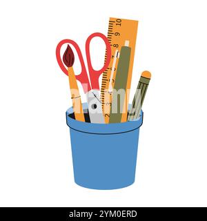 Plastikbecher mit Schulutensilien. Schere, Stift, Bleistift, Lineal, Pinsel. Handgezeichnete Vektorgrafik. Stock Vektor