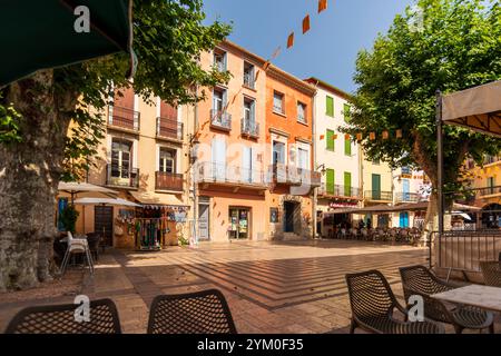 Geschäfte und Restaurants in Place du 18 Juin Square, Altstadt von Collioure, Pyrenäen Orientales, Roussillon, Occitanie, Frankreich, Europa Stockfoto