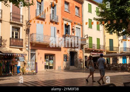 Geschäfte und Restaurants in Place du 18 Juin Square, Altstadt von Collioure, Pyrenäen Orientales, Roussillon, Occitanie, Frankreich, Europa Stockfoto