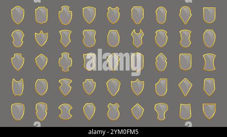 Elegantes Set von Vektorschilden mit goldenen Akzenten, mit verschiedenen Formen, die für Branding, Sicherheitsthemen oder heraldische Designs geeignet sind. Perfekt für Digitaltechnik Stock Vektor