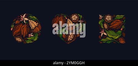 Sammlung von Kakaoformen. Schwarze Bio-Schokolade. Rohe Bohnen, grüne Blätter mit Aroma-Früchten. Farbiges Etikett für Café, süßes Design Stock Vektor