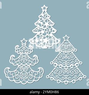 Weihnachtsbäume. Schablone zum Laserschneiden von Papier, Karton, Holz, Metall usw. Für die Gestaltung von Weihnachts- und Neujahrskarten, Einladung Stock Vektor