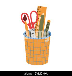 Schreibwarencontainer mit Schulbedarf. Schere, Stift, Bleistift, Lineal, Pinsel. Handgezeichnete Vektorgrafik. Stock Vektor