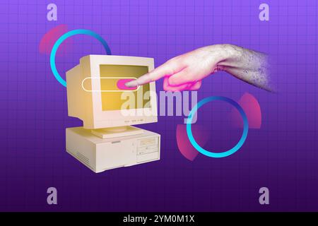 Composite-Skizze der Vorlage für Trendgrafik des Computermonitors im Cyberspace veraltete Anzeige-Gestensteuerung Fingerpunktschalter ein Stockfoto