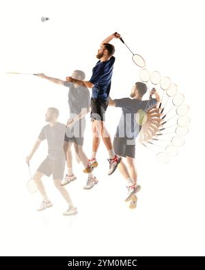 Detaillierte Bewegungssequenz eines Badmintonspielers, der hohe Schläge durchführt. Zeigt sportliches Können und Fokus im Racketsport. Stockfoto