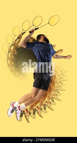 Der Badmintonspieler hat während des Schlags in der Luft gefangen und mit Bewegung, Stroboskopeffekt und gelbem Hintergrund hervorgehoben, um Energie zu betonen. Stockfoto