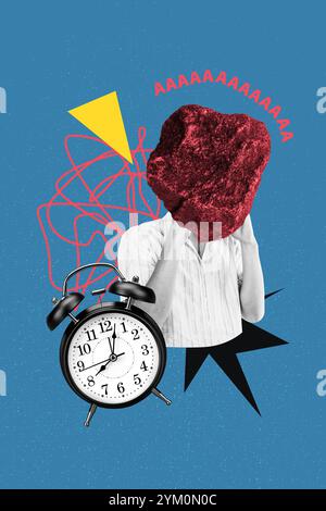 Composite Trend Artwork Skizzenbild Foto Collage von anonymen Kopflosen Mann Stand Druck Stress Depression Uhr Zeit Deadline Stockfoto