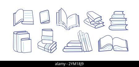 Linienskizze für offene und geschlossene Bücher. Grafische Sammlung auf weißem Hintergrund isoliert. Bibliothek, Unterricht in der Schule, Vortrag an der Universität Stock Vektor