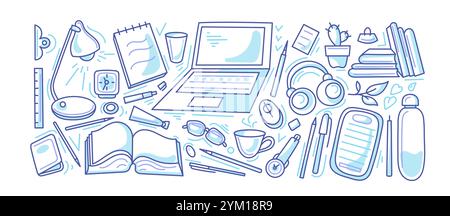Tisch und Arbeitsplatz. Art Doodle Sketch. Draufsicht des Schreibtischhintergrunds mit Laptop, digitalen Geräten und Papieren. Grafische Sammlung isoliert auf weißem Hintergrund Stock Vektor