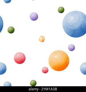 Kugeln. Nahtloses Muster aus roten, grünen, blauen, orangefarbenen und violetten Perlen. Bunte Kreise in Aquarellfarben. Set aus einer Gruppe von farbigen Kugeln. Handgezeichnet, isoliert auf weißem Hintergrund. Für Karten, Feiertage Stockfoto