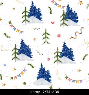 Nahtloses Weihnachtsmuster mit niedlichen Elementen. Vor dem Hintergrund blauer Weihnachtsbäume im Schnee und festlicher Girlanden. Handgezeichnete Aquarellillustration auf weißem Weihnachtshintergrund. Stockfoto