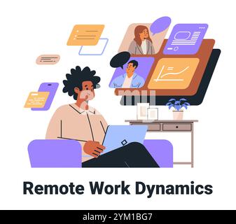 Remote Work Dynamics Konzept digitale Zusammenarbeit Home Office Einrichtung vielfältiges Team virtuelles Meeting farbenfrohe Grafik Laptop moderner Arbeitsbereich Stock Vektor