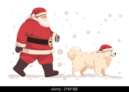 Santa Claus Walking flauschig Hund Winterszene Schneeflocken festlicher roter Anzug Hut Stiefel weißer Hintergrund Feiertagsthema Stock Vektor