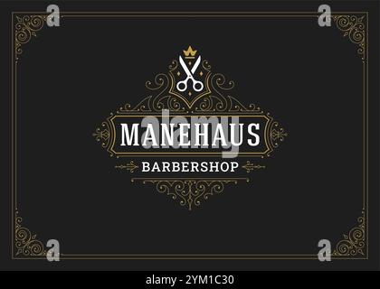 Königliches klassisches viktorianisches Ornament Logo für Friseur mit Schere Design Vorlage Vektor Illustration. Vintage blüht filigranes, elegantes Gold e Stock Vektor