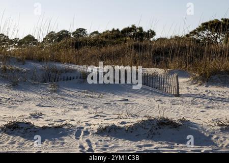 Ein hölzerner Zaun steht zwischen hohen Gräsern auf Sanddünen, während die Sonne auf Hilton Head Island South Carolina untergeht. Stockfoto