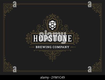 Vintage blüht Ornament Logo für Bier Pub mit Hopfen Krone Design Vorlage Vektor Illustration. Königliches klassisches, filigranes viktorianisches Emblem im alten Stil Stock Vektor