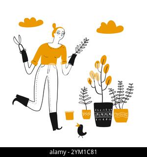 Junge Frau, die Glück hat und zu Hause gärtet. Vektor-Illustration, Handzeichnung Linie Kunst Kritzelstil isoliert auf weißem Hintergrund Stock Vektor