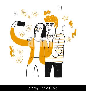 Selfie von lächelnden Paaren, die gemeinsam Spaß haben. Vektor-Illustration, Handzeichnung Linie Kunst Kritzelstil isoliert auf weißem Hintergrund Stock Vektor