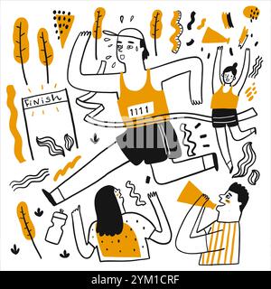 Junger Mann läuft ein Rennen, handgezeichnete Vektor-Illustration Kritzellinie Art Stil. Stock Vektor