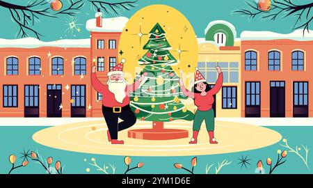 Weihnachtsfeier Weihnachtsmann und Frau tanzen um einen geschmückten Baum auf dem verschneiten Stadtplatz festliche Atmosphäre farbenfrohe Gebäude Feiertagsstimmung Stock Vektor