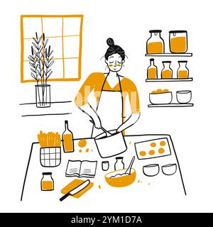 Junge Frau kocht in der Küche. Handgezeichnete Vektor-Illustration im Sketch-Doodle-Stil. Stock Vektor