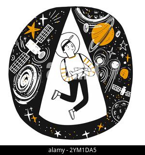 Ein Junge, der von Sternen und Weltraum träumt. Hand gezeichnet, Vektor Illustration Kritzelstil. Stock Vektor