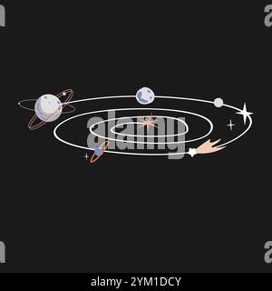 Abstraktes, isoliertes Designelement der Spiralgalaxie. Weltraumgalaxie mit Sternen und Planeten. Vektorabbildung. Stock Vektor