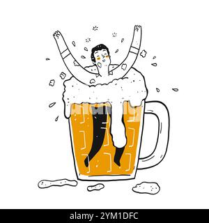 Ein Mann im Glas Bier. Das Element handgezeichnet, Vektor-Illustration Kritzelstil. Stock Vektor
