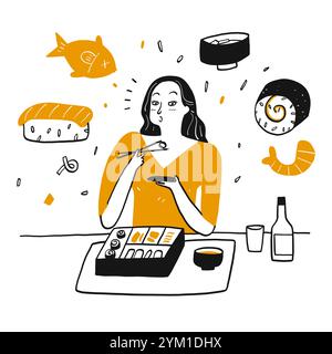 Eine Frau isst gerne Sushi. Handgezeichnete Vektor-Illustration im Sketch-Doodle-Stil. Stock Vektor