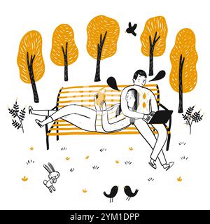 Paare entspannen sich im Park, lesen und verwenden Tablets. Das Element handgezeichnet, Vektor-Illustration Kritzelstil. Stock Vektor