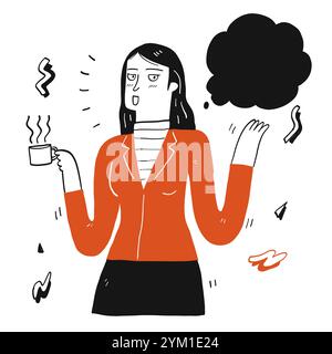 Hübsche Frau, die eine Tasse Kaffee hält und spricht, Hand zeichnet Vektor-Illustration Kritzelstil. Stock Vektor