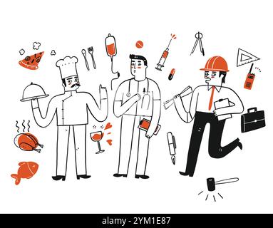 Eine Gruppe von Arbeitern steht im Gespräch, ein Häuptling hält Essenstablett, ein Arzt hält einen Scheck und ein Architekt hält den Blaudruck des Gebäudes. Stock Vektor