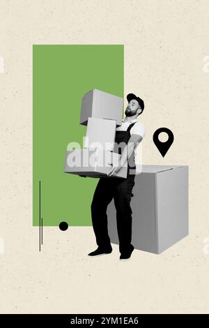 Kreative vertikale Foto-Grafik Collage Malerei des beschäftigten Liefermannes steigende Boxen isolierte Zeichnung Hintergrund Stockfoto