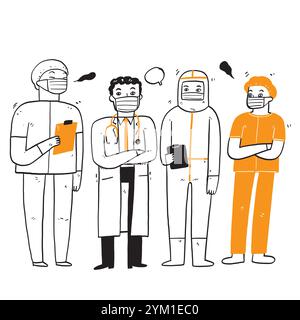Männer und Frauen Ärzte mit Masken gegen Virus Design von COVID 19, Vektor Illustration medizinisches Thema Kritzelstil Stock Vektor