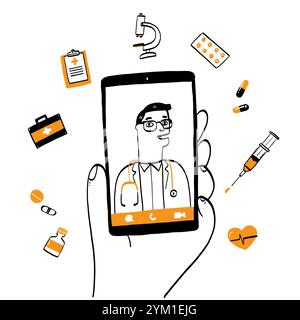 Smartphone-Bildschirm mit männlichem Therapeuten im Chat im Messenger und einer Online-Konsultation. Illustration der Vektorkritzelei. Fragen Sie den Arzt. Online-ärztliche Beratung o Stock Vektor