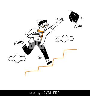 Der junge Mann, der zur Treppe läuft, um die Graduierung zu ergreifen, Vector Illustration Cartoon Kritzelstil Stock Vektor