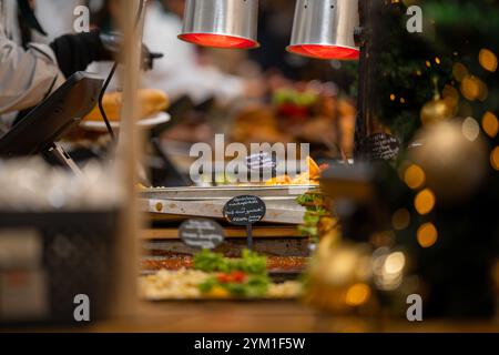 Budapest, Ungarn - 15. November 2024: Street Food Stall. Vorosmarty Square Weihnachtsmarkt. Stockfoto