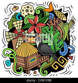 Hawaii Cartoon Vektor Doodle Design. Farbenfrohe, detailreiche Komposition mit vielen hawaiianischen Objekten und Symbolen. Alle Elemente sind getrennt Stock Vektor