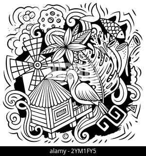 Hawaii Cartoon-Vektor-Doodle-Design. Skizzenhafte, detaillierte Komposition mit vielen hawaiianischen Objekten und Symbolen Stock Vektor