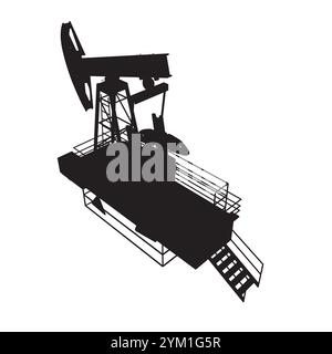 Silhouette des Symbols „Ölpumpe“. Ölpumpensymbol. Vektorabbildung. Silhouette Ölpumpenheber, schwarzes Symbol auf weißem Hintergrund. Isometrische Ansicht Stock Vektor