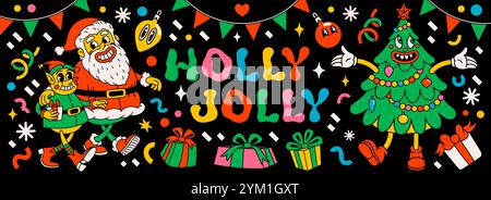 Grooviges holly-fröhliches Banner mit Weihnachtsmann, Weihnachtsbaum, Geschenken und anderen Designelementen im Retro-Vintage-Cartoon-Stil Stock Vektor