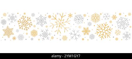 Winterrand aus silbernen und goldenen Schneeflocken zur Weihnachtsdekoration. Weihnachtsvektor-Hintergrund mit goldenem Schnee und Kreisen Konfetti-Muster Stock Vektor